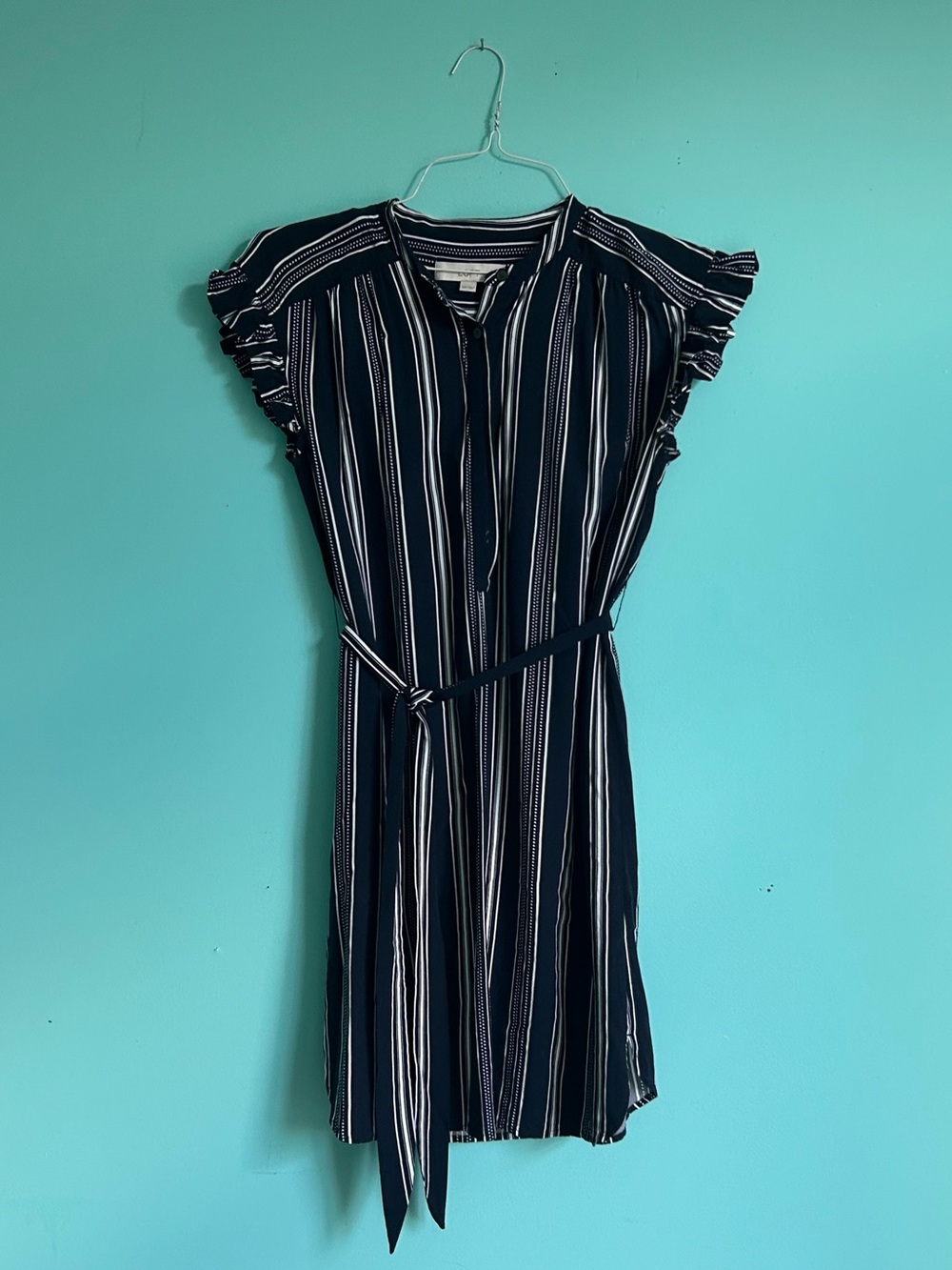 LOFT Navy and White Vertical Stripe Tie-Waist Midi Dress